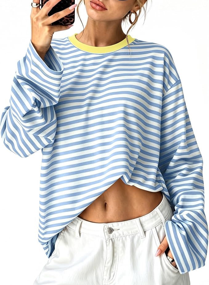 Boxy Long Sleeve Tee for Women with Drop Shoulders and Crew Neck in Light Blue And Yellow, front view