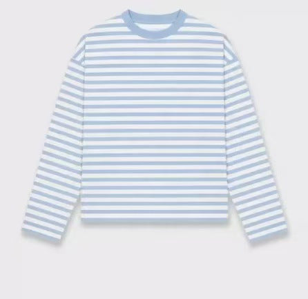 Boxy Long Sleeve Tee for Women with Drop Shoulders and Crew Neck in Light Blue, flat lay