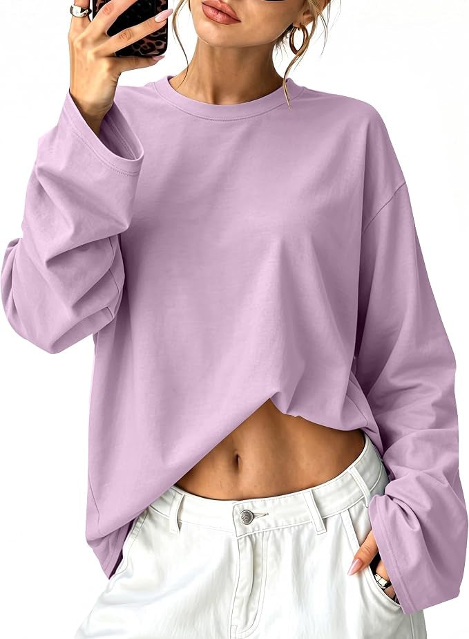 Boxy Long Sleeve Tee for Women with Drop Shoulders and Crew Neck in Light Purple, front view