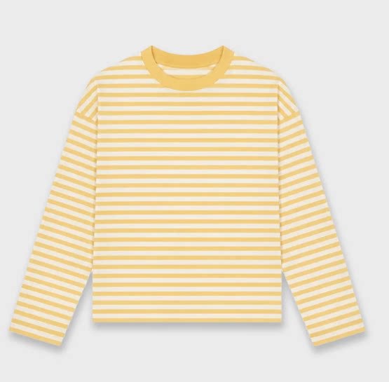 Boxy Long Sleeve Tee for Women with Drop Shoulders and Crew Neck in Light Yellow, flat lay