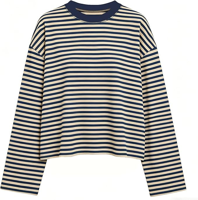 Boxy Long Sleeve Tee for Women with Drop Shoulders and Crew Neck in Navy Blue, flat lay