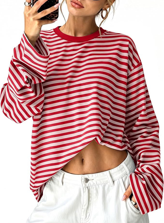 Boxy Long Sleeve Tee for Women with Drop Shoulders and Crew Neck in Red, front view