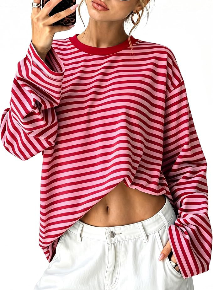 Boxy Long Sleeve Tee for Women with Drop Shoulders and Crew Neck in Rose Red, front view