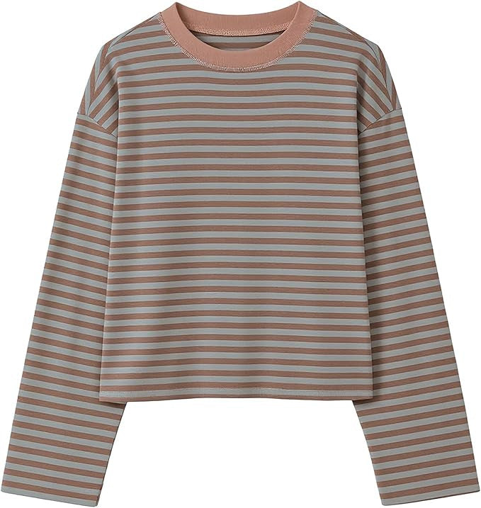 Boxy Long Sleeve Tee for Women with Drop Shoulders and Crew Neck in Taupe, flat lay