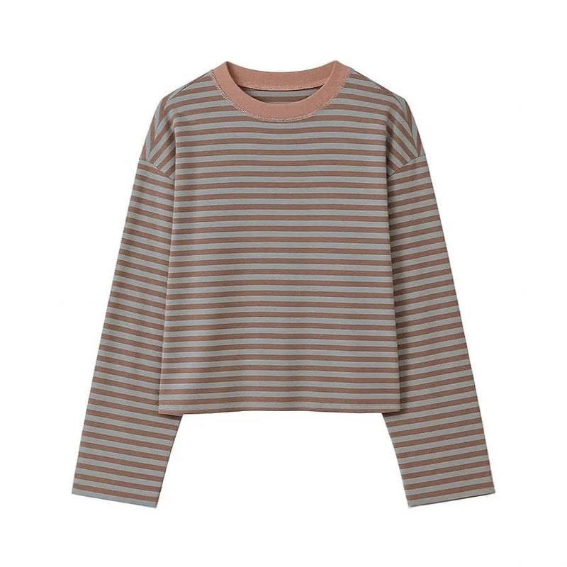 Boxy Long Sleeve Tee for Women with Drop Shoulders and Crew Neck in Taupe, flat lay 2