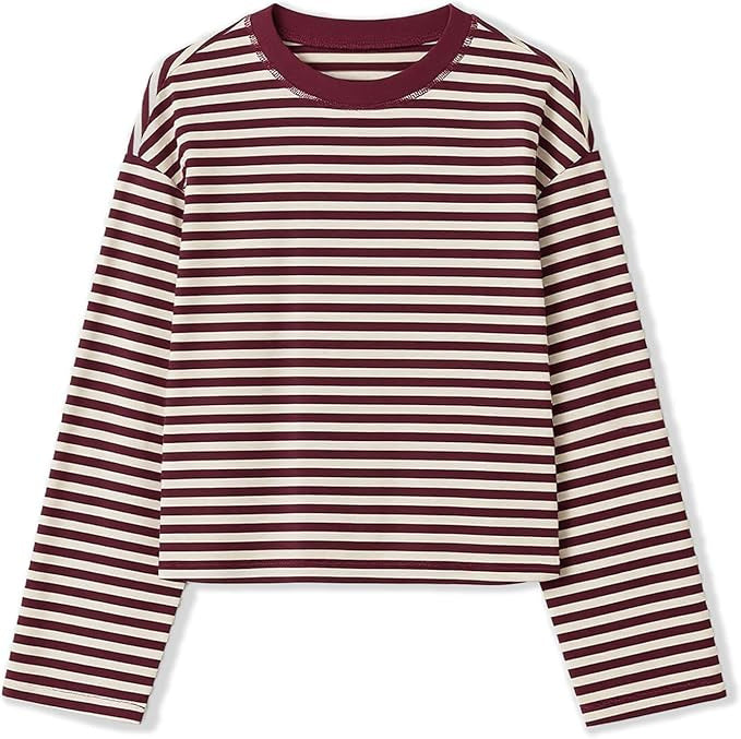 Boxy Long Sleeve Tee for Women with Drop Shoulders and Crew Neck in Wine Red, flat lay 3