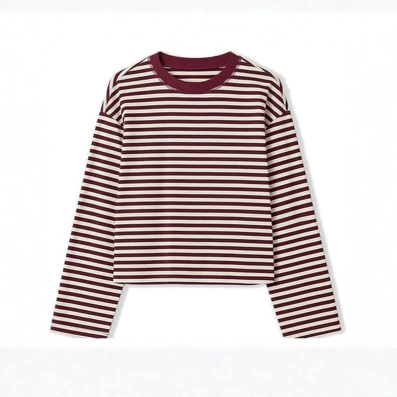 Boxy Long Sleeve Tee for Women with Drop Shoulders and Crew Neck in Wine Red, flat lay