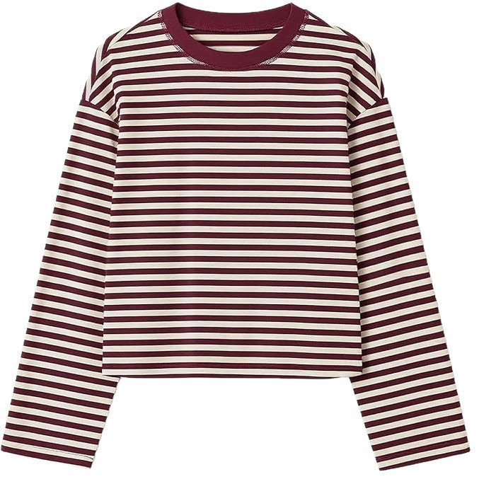 Boxy Long Sleeve Tee for Women with Drop Shoulders and Crew Neck in Wine Red, flat lay 2