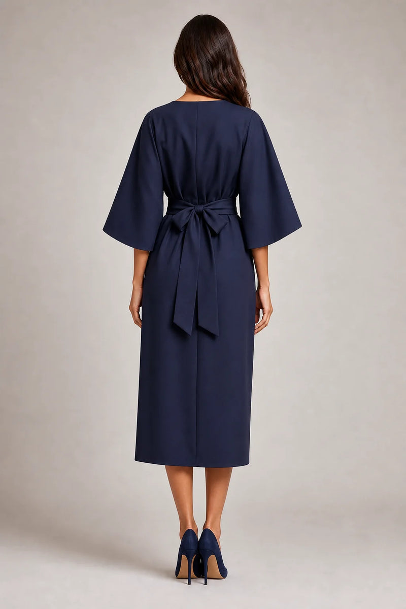 Sofaine Juliet women's belted flowy midi dress in Navy Blue, back view on model
