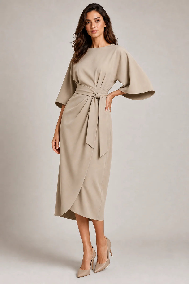 Sofaine Juliet women's belted flowy midi dress in Beige, worn on model