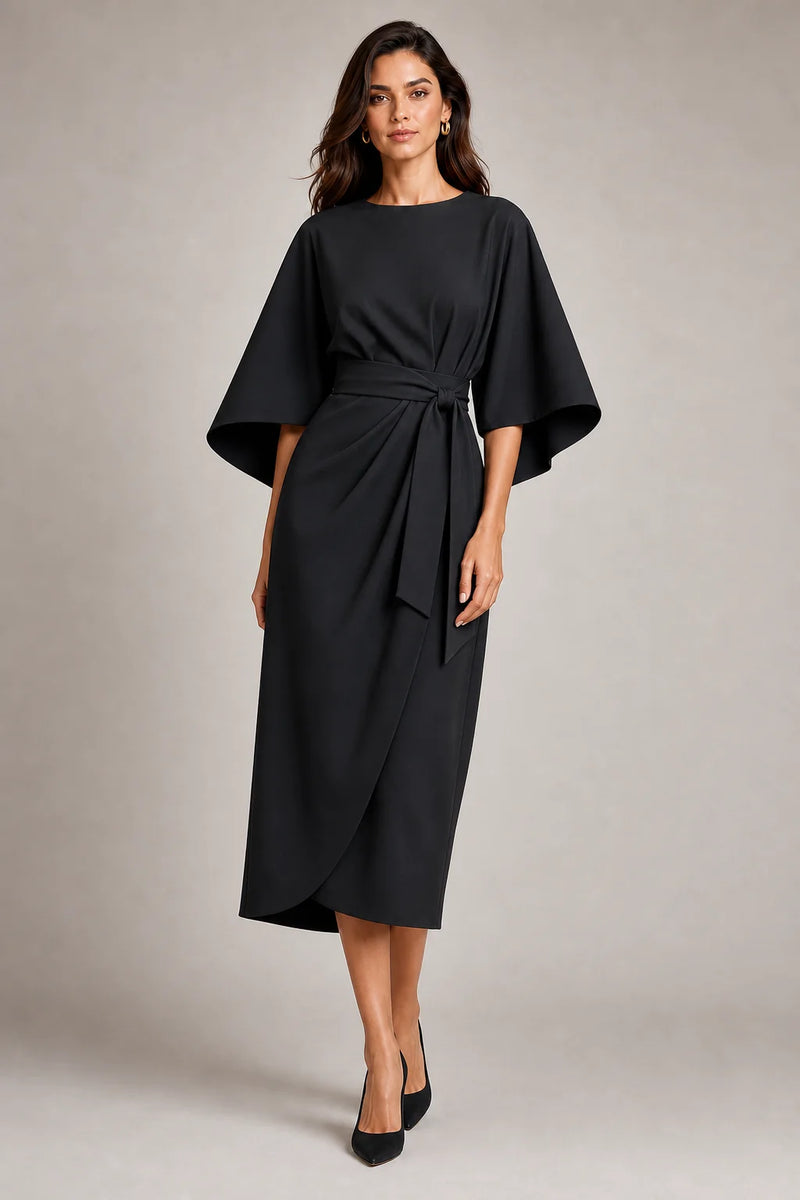 Sofaine Juliet women's belted flowy midi dress in Black, worn on model