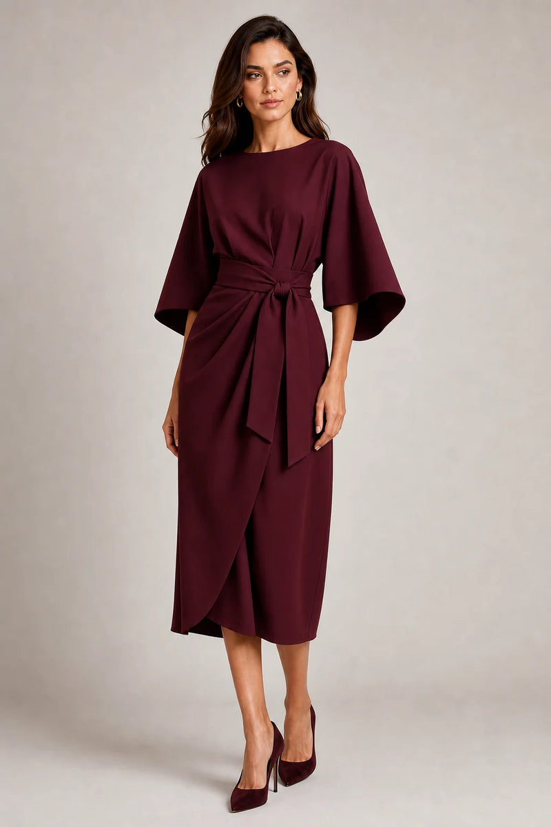 Sofaine Juliet women's belted flowy midi dress in Burgundy, worn on model