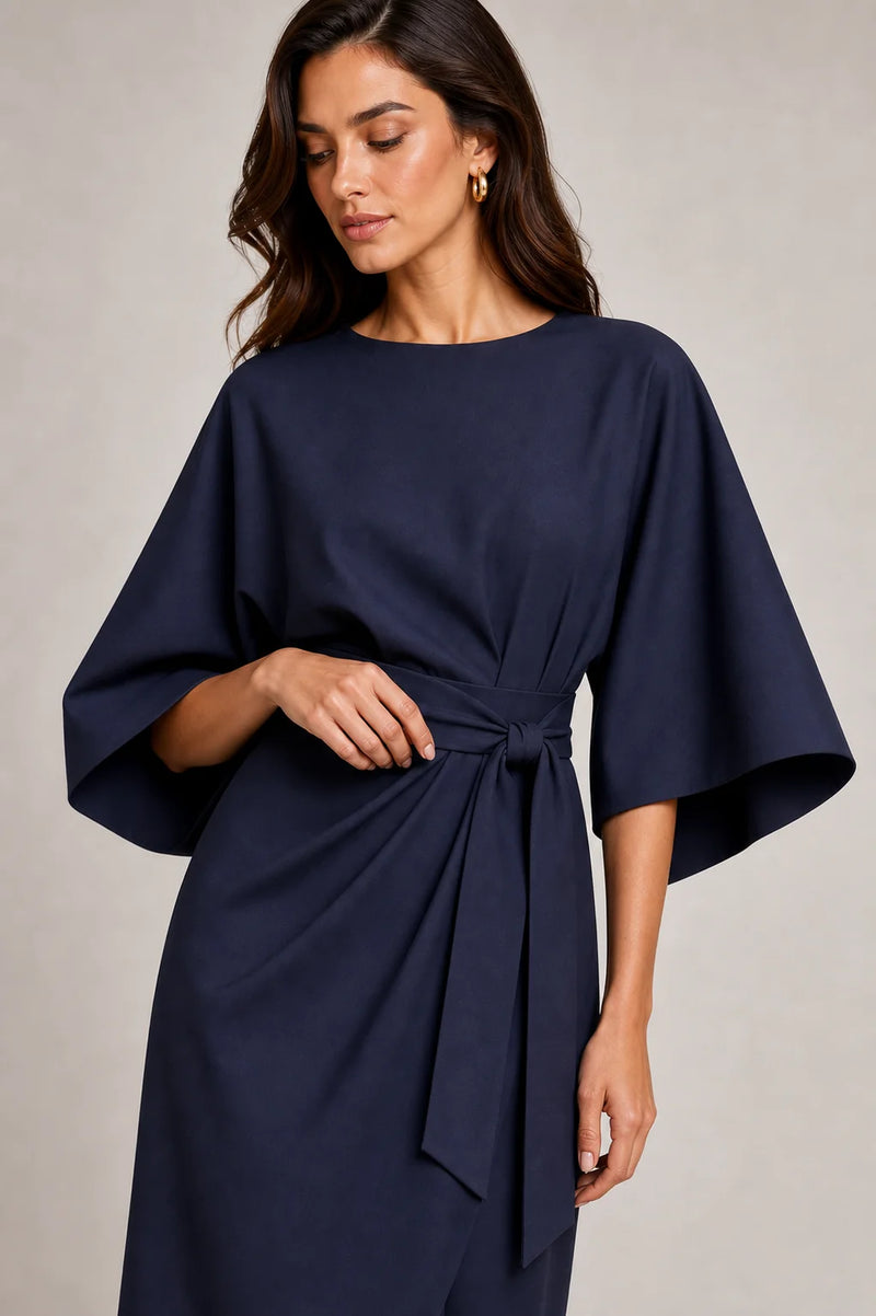 Sofaine Juliet women's belted flowy midi dress in Navy Blue, sash belt and wrap-drape detail