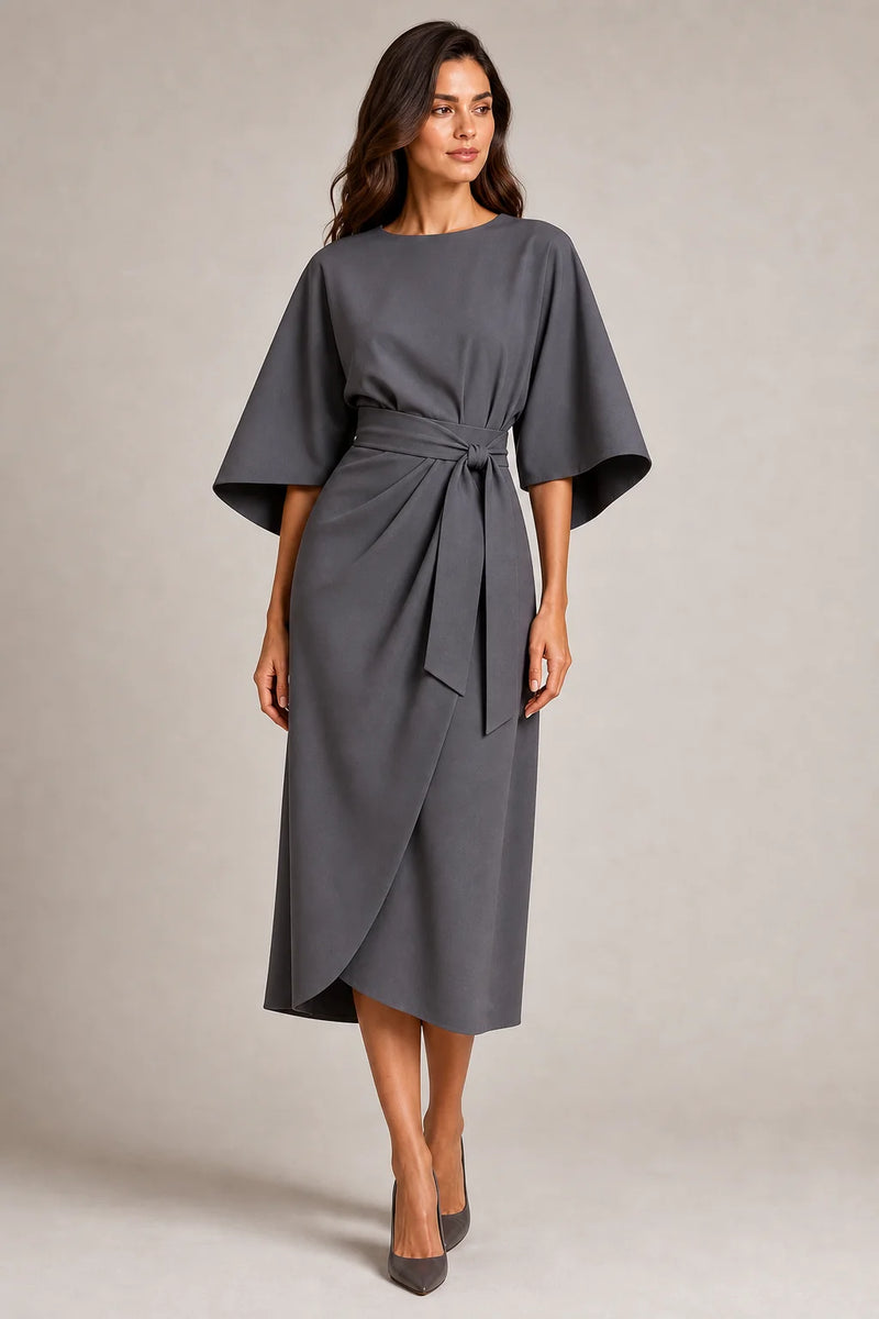 Sofaine Juliet women's belted flowy midi dress in Gray, worn on model