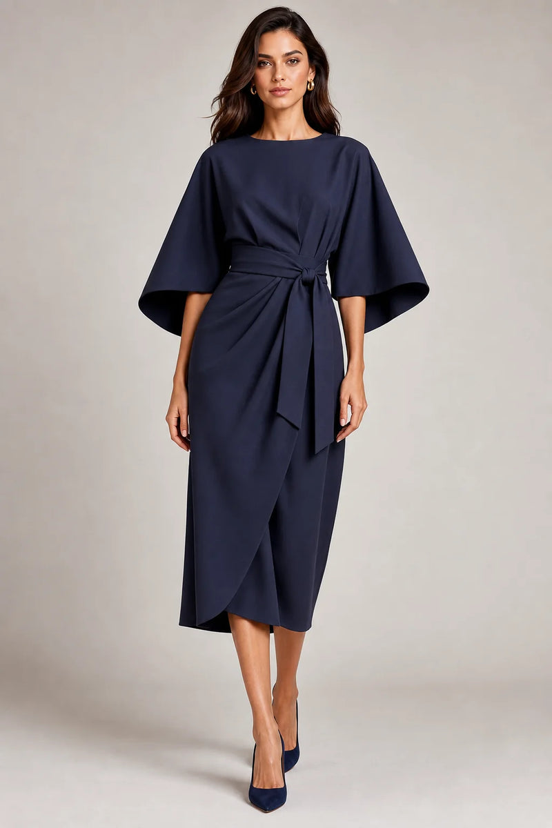 Sofaine Juliet women's belted flowy midi dress in Navy Blue, worn studio hero