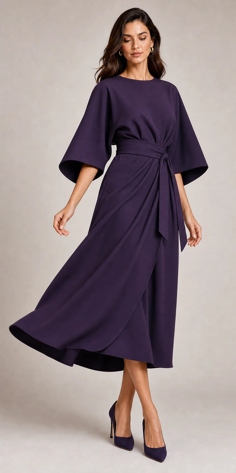 Sofaine Juliet women's belted flowy midi dress in Purple, worn on model