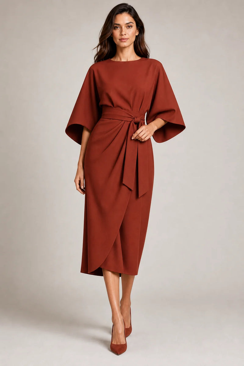 Sofaine Juliet women's belted flowy midi dress in Rust Brown, worn on model