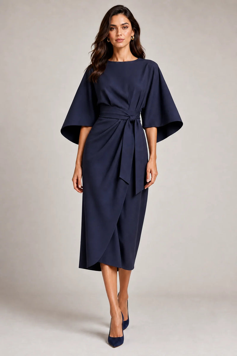 Sofaine Juliet women's belted flowy midi dress in Navy Blue, styled full-length look
