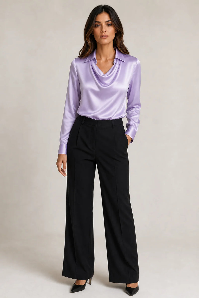 Sofaine Savannah satin waterfall-collar blouse in Lavender, worn front