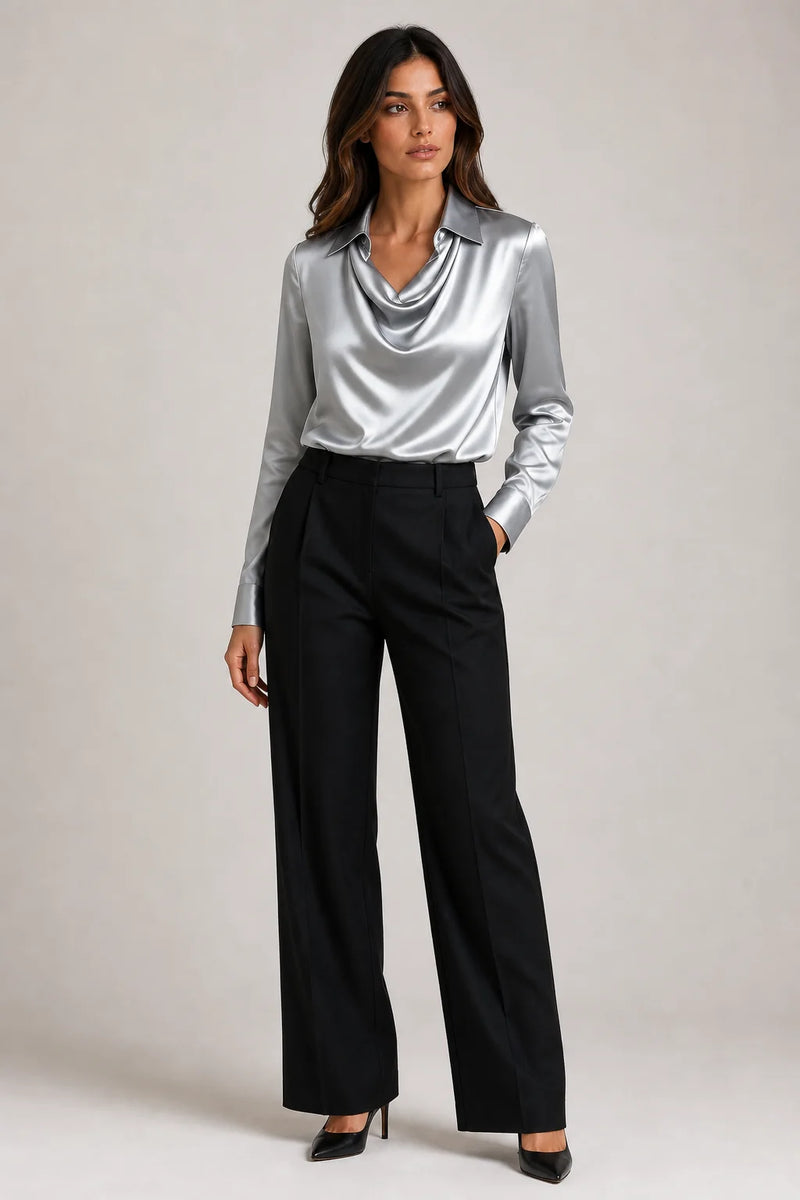 Sofaine Savannah satin waterfall-collar blouse in Gray, worn front