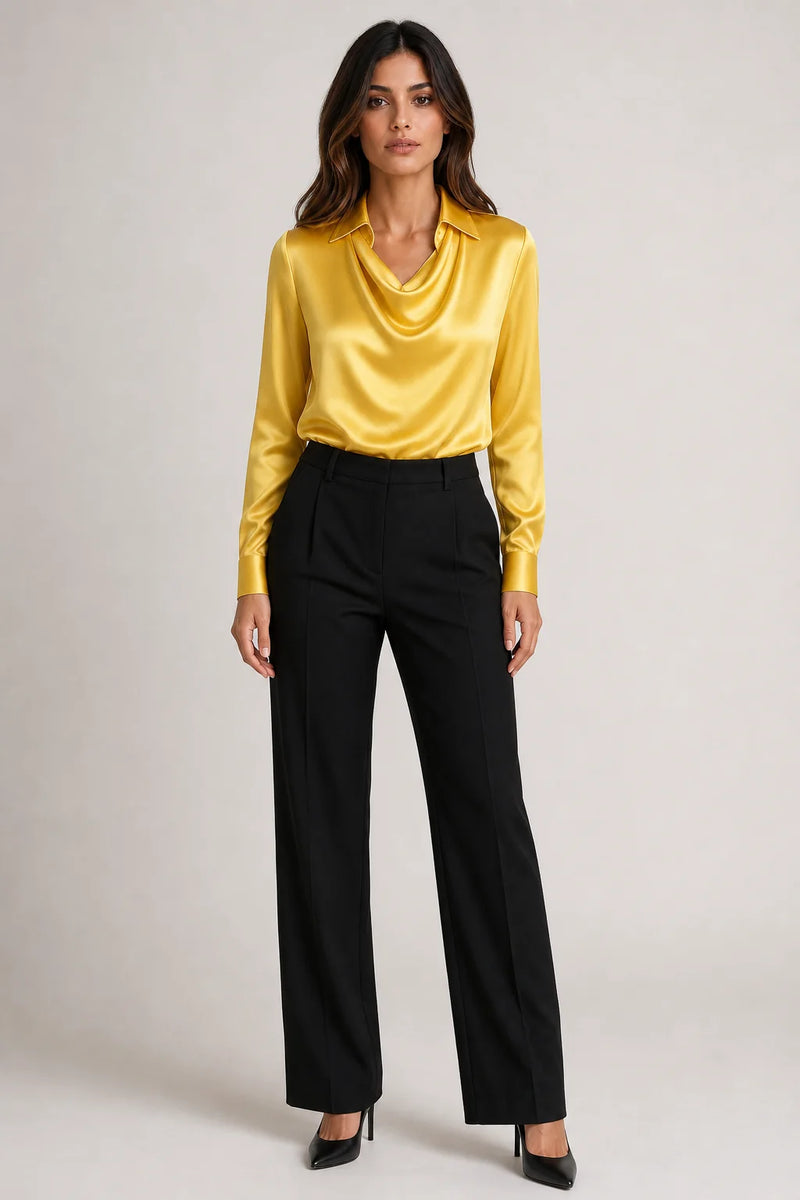 Sofaine Savannah satin waterfall-collar blouse in Yellow, worn front
