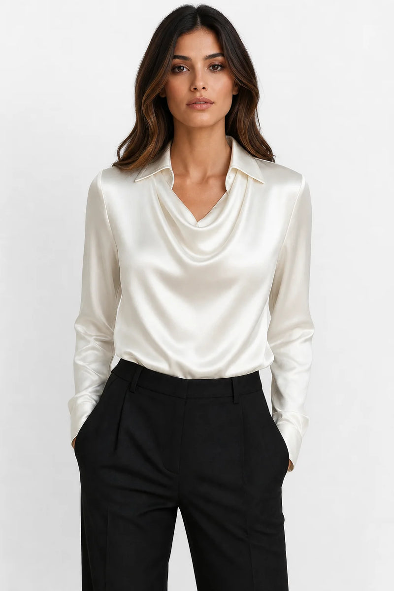 Sofaine Savannah satin waterfall-collar blouse in White, studio hero