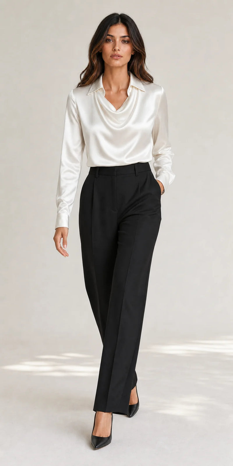 Sofaine Savannah satin waterfall-collar blouse in White, styled full look