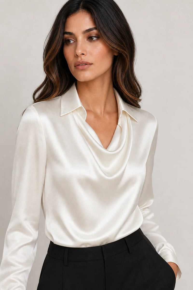 Sofaine Savannah satin waterfall-collar blouse in White, waterfall collar and satin detail