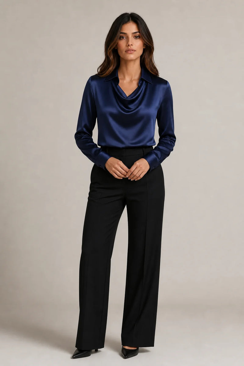 Sofaine Savannah satin waterfall-collar blouse in Navy Blue, worn front
