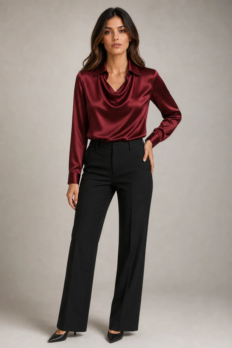 Sofaine Savannah satin waterfall-collar blouse in Bordeaux, worn front