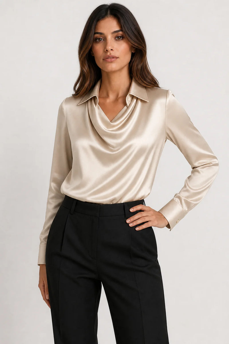 Sofaine Savannah satin waterfall-collar blouse in Champagne, worn front