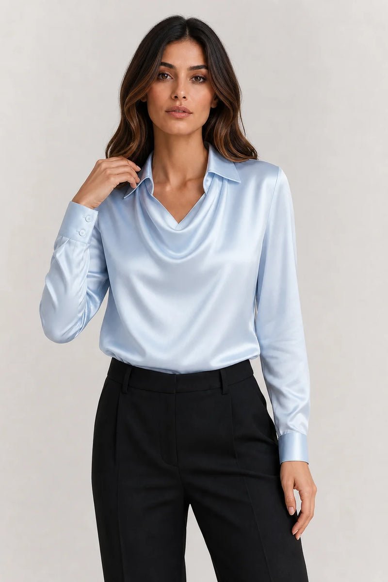 Sofaine Savannah satin waterfall-collar blouse in Light Blue, worn front