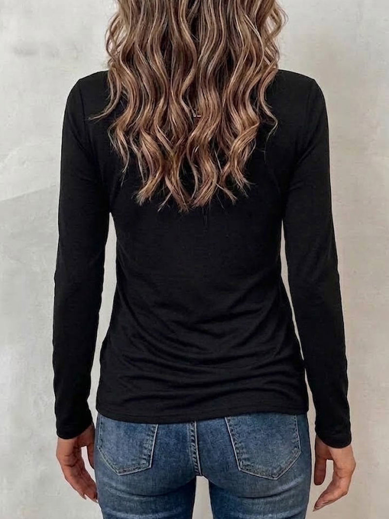Asymmetric Square Neck Top for Women with Ring Cutout and Long Sleeves in Black, back view