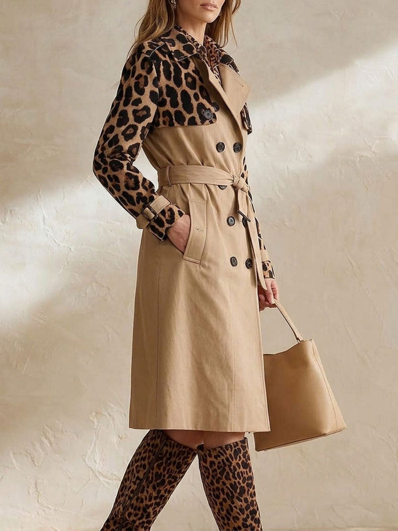 Leopard Print Trench Coat for Women with Double-Breasted Front and Belt in Khaki Leopard, side view