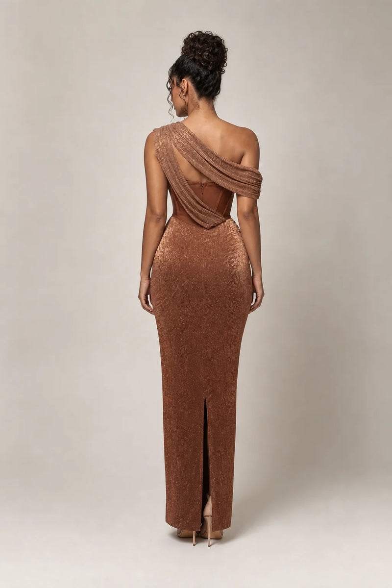 Sofaine Juniper one-shoulder draped metallic column gown in Brown, worn back