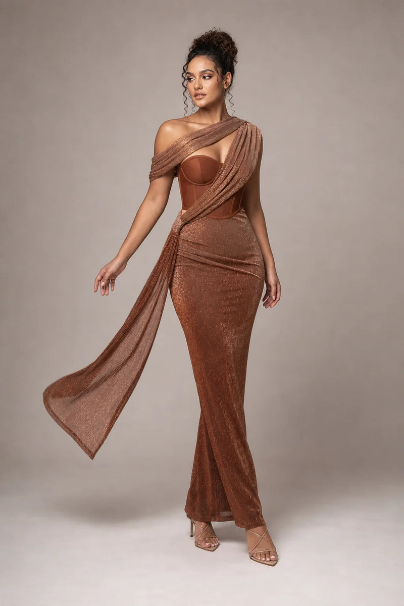 Sofaine Juniper one-shoulder draped metallic column gown in Brown, styled full look