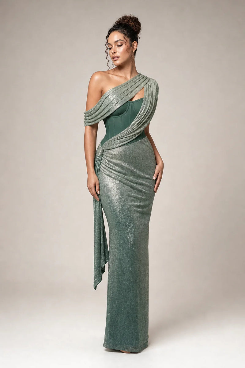 Sofaine Juniper one-shoulder draped metallic column gown in Green, worn front