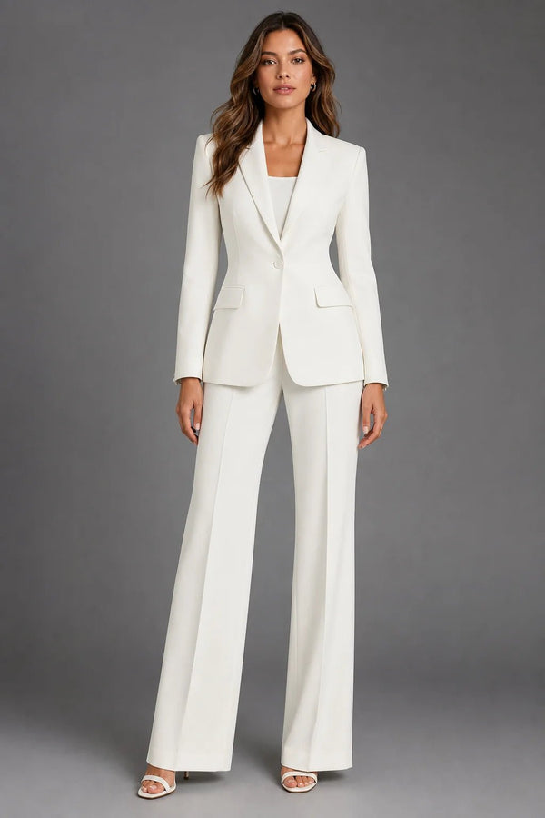 Sofaine Scarlett single-button blazer and wide-leg trousers in ivory, worn front view