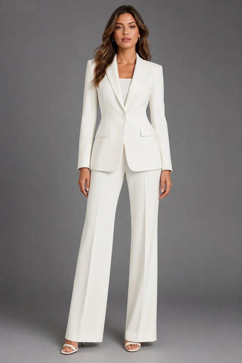 Sofaine Scarlett single-button blazer and wide-leg trousers in ivory, worn front view
