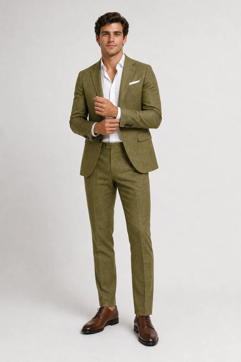 Sofaine Sebastian slim-fit linen-blend suit in olive green, worn front view adjusting the cuff