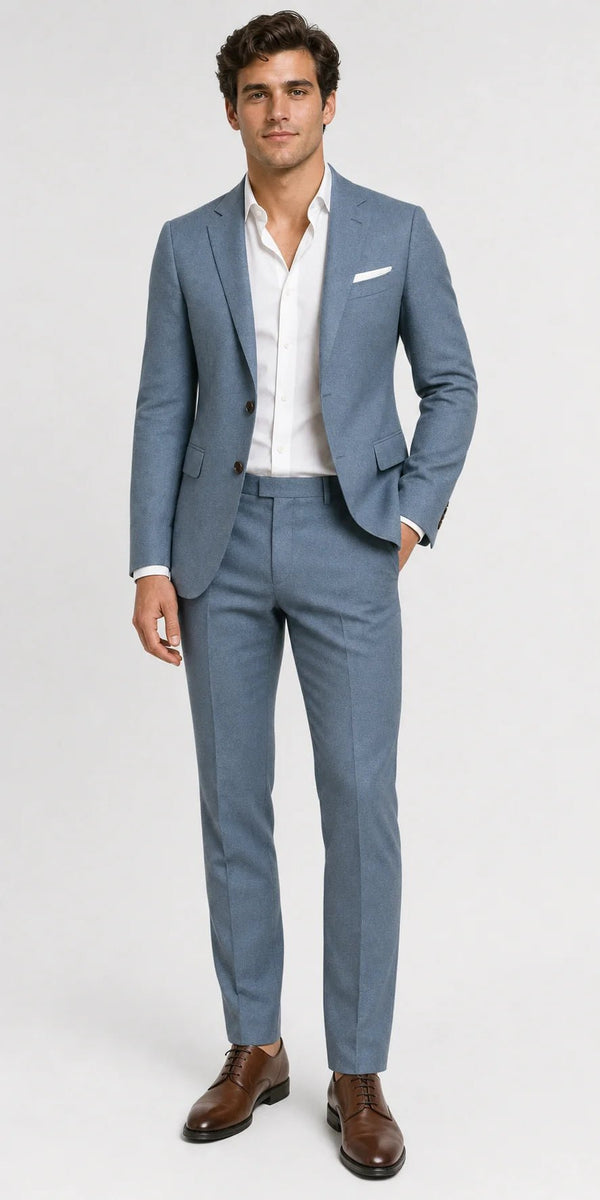 Sofaine Sebastian slim-fit linen-blend suit with white shirt in slate blue, worn front view