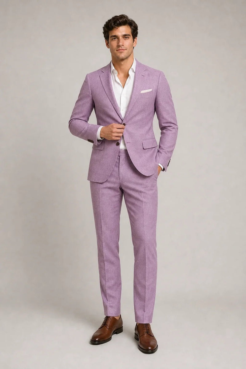 Sofaine Sebastian slim-fit linen-blend suit in lilac, worn front view