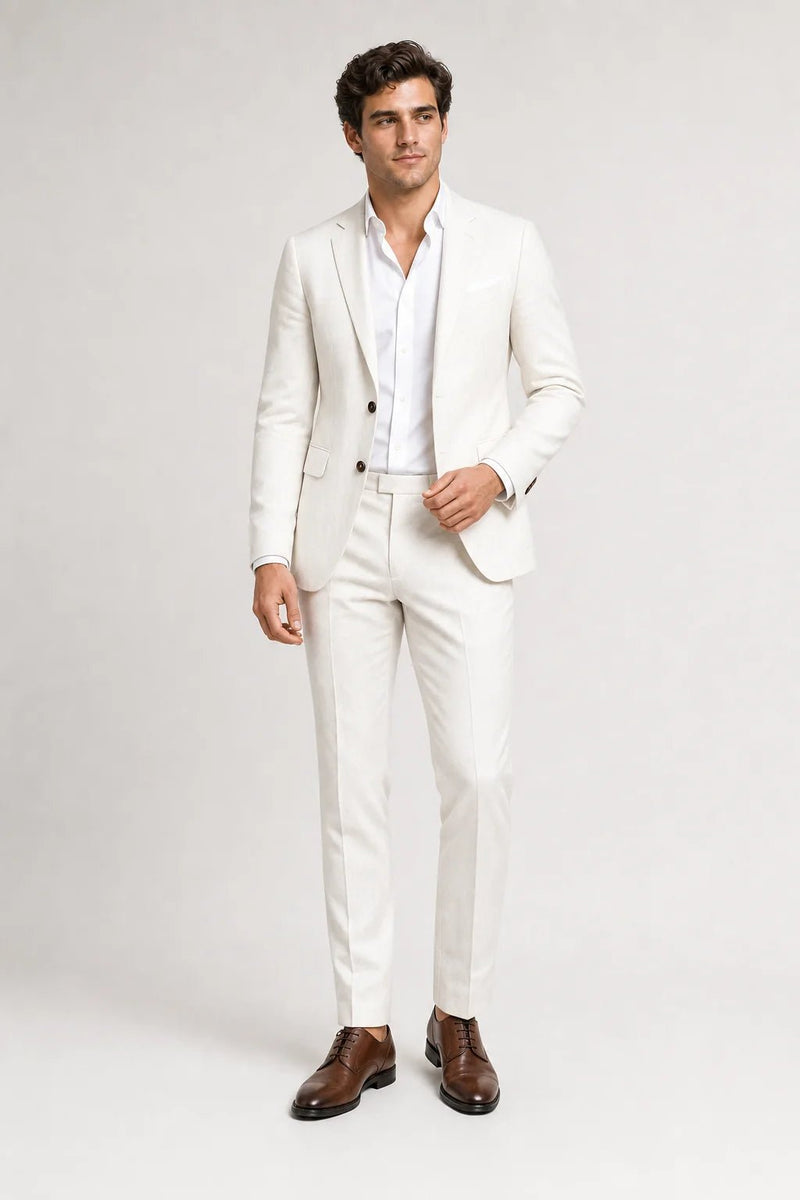 Sofaine Sebastian slim-fit linen-blend suit in ivory white, worn front view
