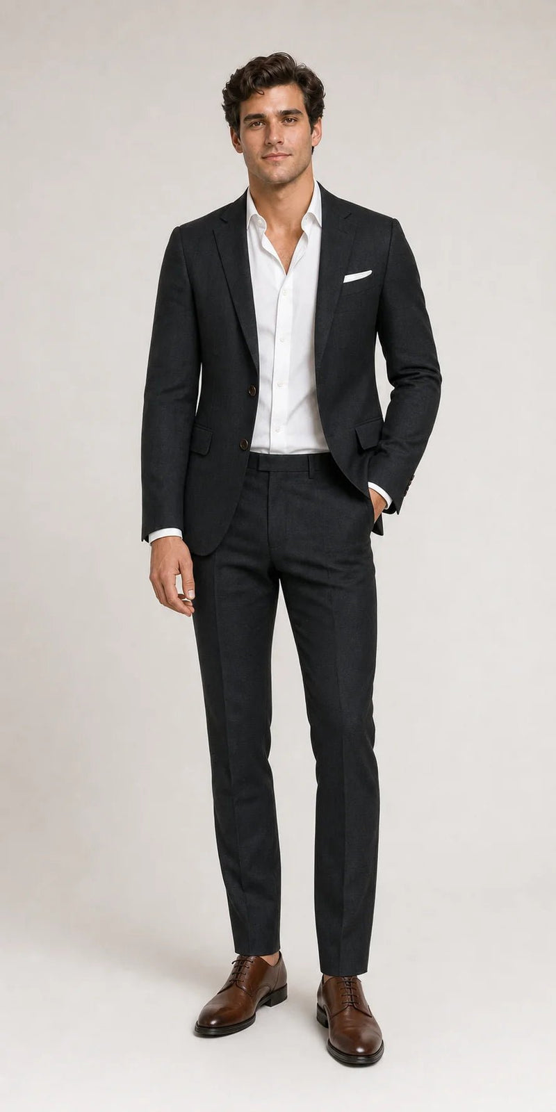 Sofaine Sebastian slim-fit linen-blend suit in charcoal, worn front view with hand in pocket