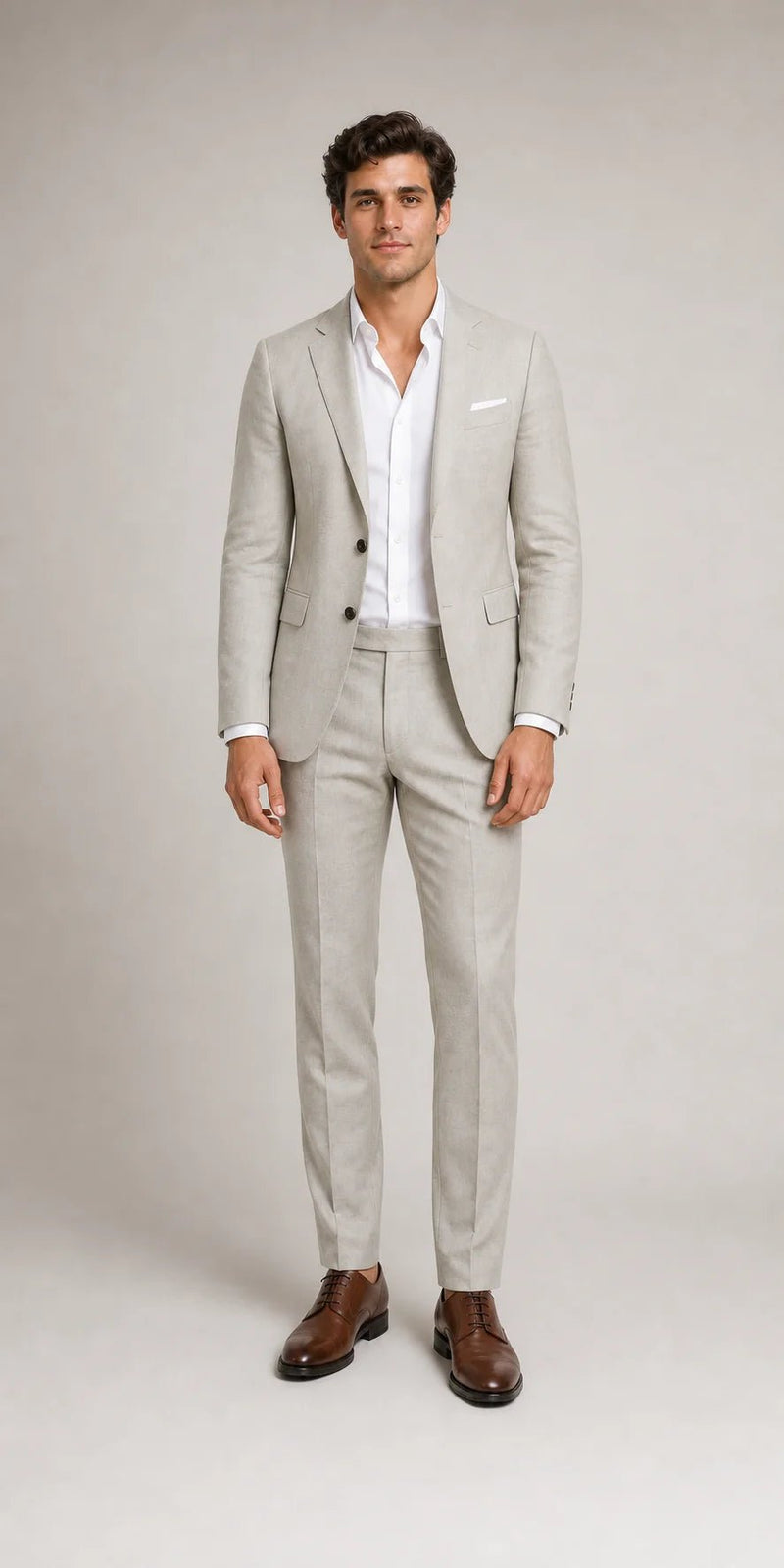 Sofaine Sebastian slim-fit linen-blend suit in pale gray, worn front view