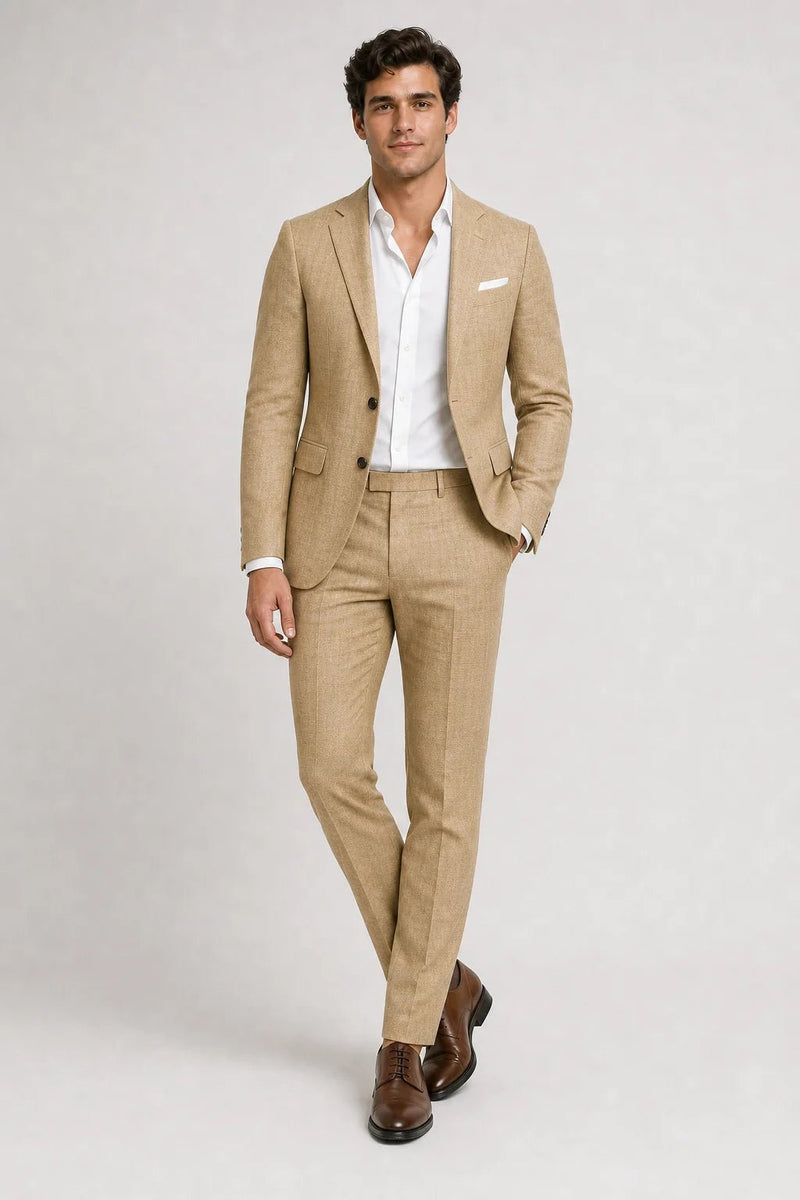 Sofaine Sebastian slim-fit linen-blend suit with white shirt in camel tan, worn front view
