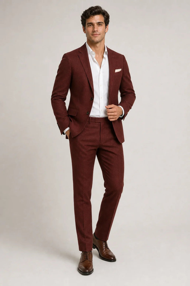 Sofaine Sebastian slim-fit linen-blend suit in burgundy, worn front view