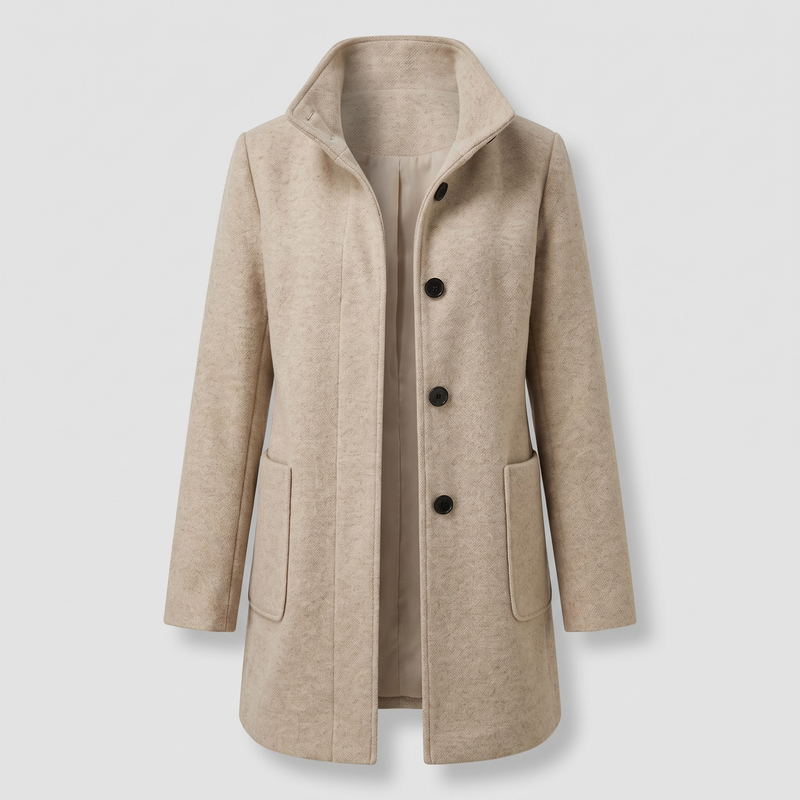 Funnel Neck Wool-Feel Coat for Women with Button Front and Patch Pockets in Beige, open front view