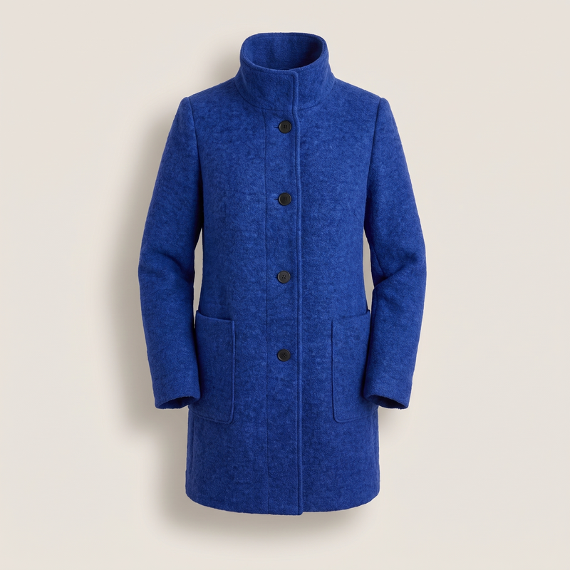 Funnel Neck Wool-Feel Coat for Women with Button Front and Patch Pockets in Blue, front view