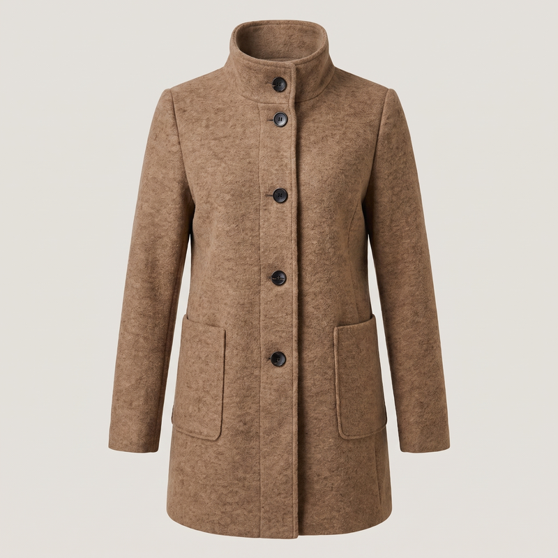 Funnel Neck Wool-Feel Coat for Women with Button Front and Patch Pockets in Brown, front view